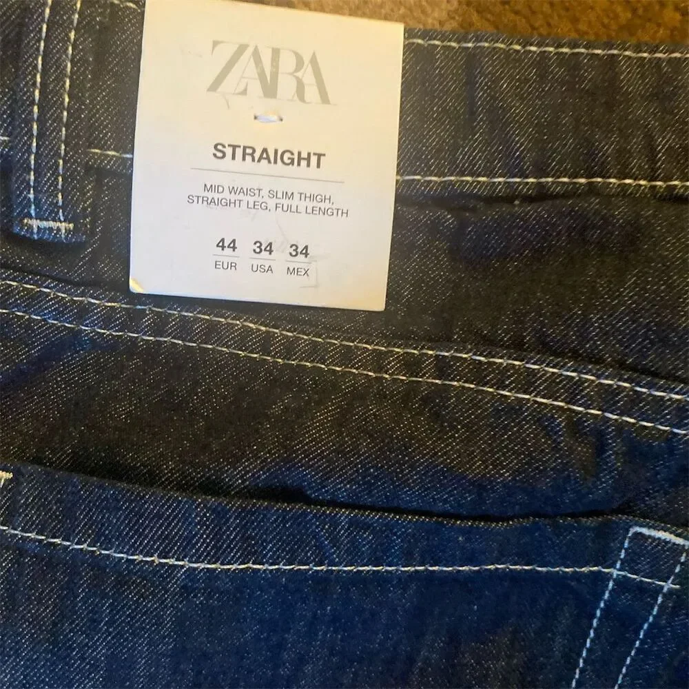 Zara Men's Straight Fit Jeans Dark Denim Size 34 Mid Waist Full Length